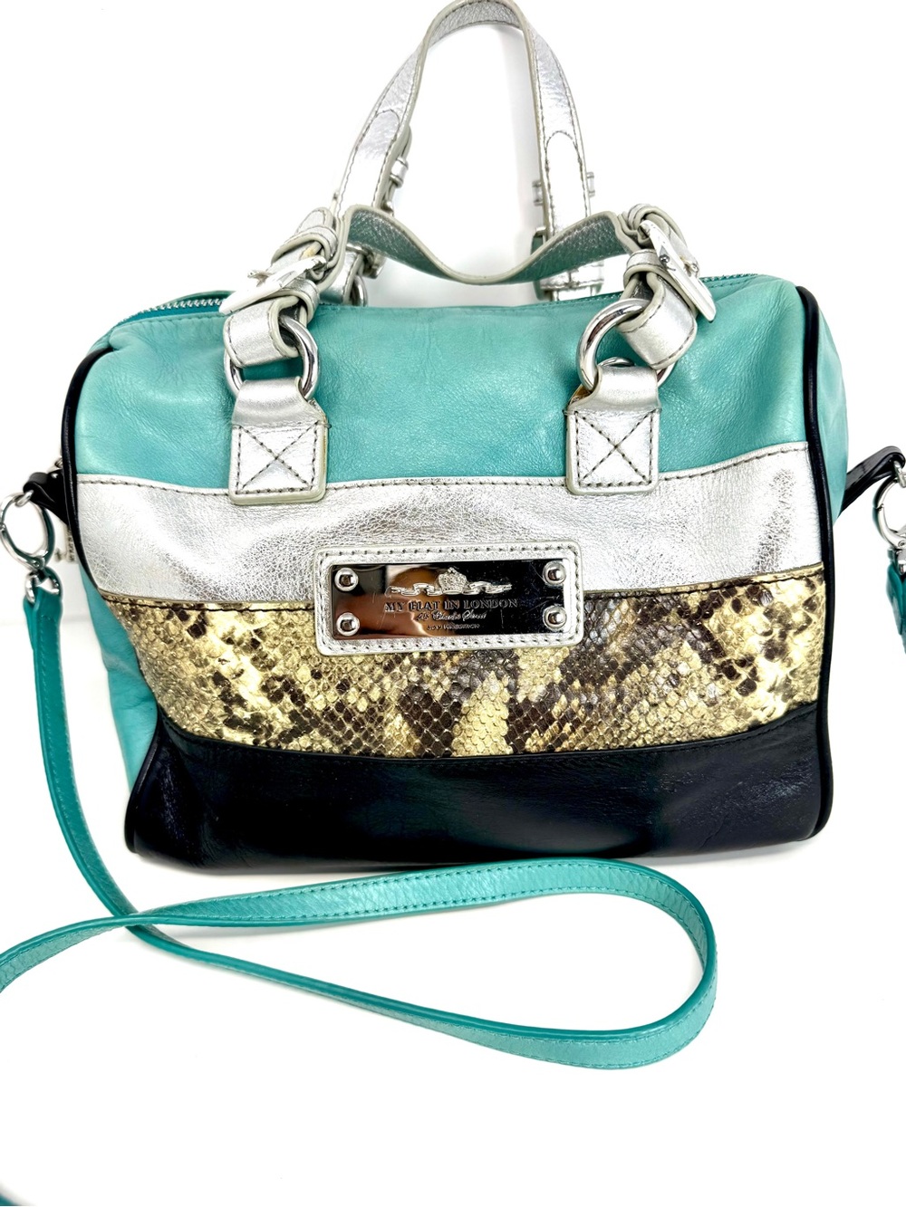 Vintage My Flat In London Grafton Bowler Satchel Bag Teal Silver Python Leather